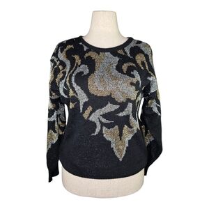 Vintage Rochelle Metallic Gold Silver Lurex Knit Sweater Black Medium 80s Glam